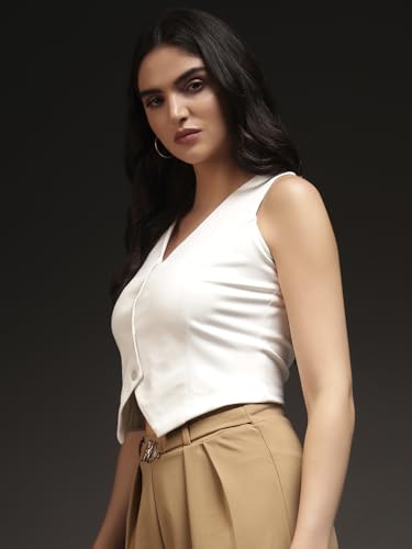 Trend Arrest.ed Women's Button Down Waistcoat Top | V-Neck Tailored Vest | Cropped Modern Blouse (Off-White,S)