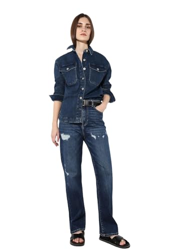 ONLY Women's Solid Straight Fit Mid-Rise Blue Jeans