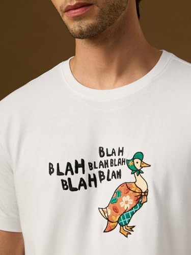 The Souled Store Casual Classics: Blah Men and Boys Short Sleeve Round Neck White Embroidered Duck Graphic Lightweight Streetwear Trendy Relaxed Fit Casual T-Shirts
