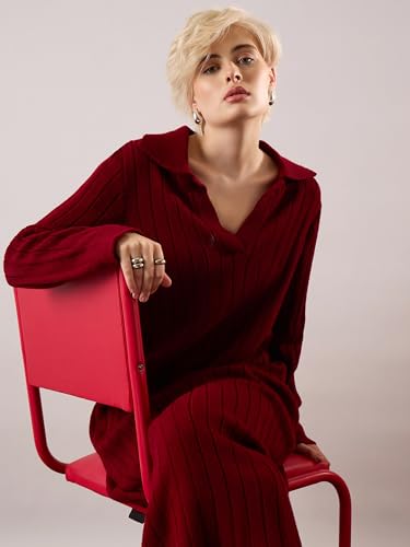 Sassafras Women Maroon Acrylic Wool Collar Midi Dress M