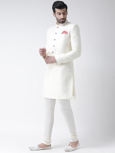 KISAH Sherwani for Men Wedding – Jacquard Indo Western Sherwani with Churidar | Designer Ethnic Outfit for Groom & Festivals, Off White, 40