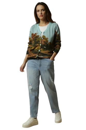 Allen Solly Women Blue Graphic Print V Neck Casual Sweater