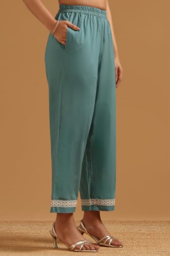 Soch Womens Teal Cotton Embroidered Ethnic Motifs Sequence Work Kurta Set
