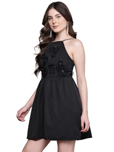 Label RITU KUMAR Black Rosetta Crew Neck Short Dress