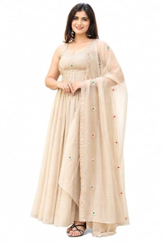 Beige Anarkali Gown with Net Dupatta, Embroidered Ethnic Wear | Floral Stone Work, Net Dupatta Included, Festive Occasion Wear, Flared Silhouette, Zari Embroidery