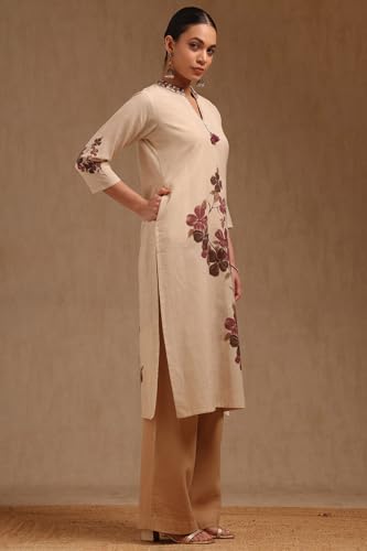 Soch Womens Beige Cotton Flex Floral Print Kurta with Thread Work