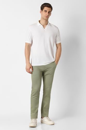 Men Green Textured Slim Fit Casual Trousers
