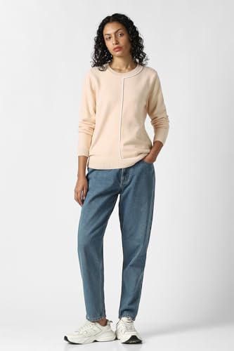 Women Beige Solid Round Neck Sweater
