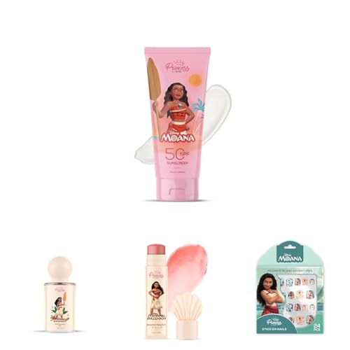 Princess by RENEE Disney Moana Summer Care & Beauty Combo for Pre-Teen Girls | SPF 50 Sunscreen, Tropical Body Mist, Peachy Lip Balm & Reusable Stick-On Nails | Nourishing, Cruelty-Free | Pack of 4