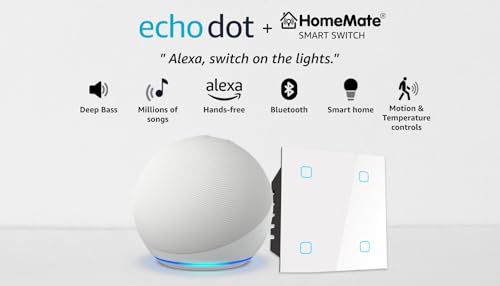 Amazon Echo Dot (5th Gen, White) Combo with HomeMate Wi-Fi Smart 4 Gang Touch Switch (White)