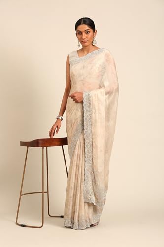 MOHEY Women's Cream Chinon Stone Work|Zari Saree (Cream)