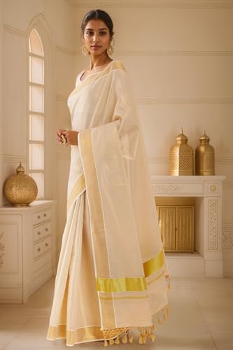 Soch Women Gold Tissue Kasavu Saree With Zari Pallu And Borders