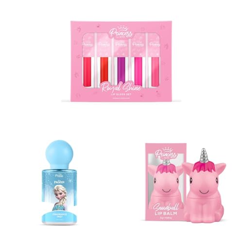 Princess by RENEE Lip & Fragrance Combo for Pre-Teen Girls | Royal Shine Lip Gloss Set, Snowball Pink Lip Balm & Disney Frozen Elsa Fragrance Mist | Nourishing Oils, Shea Butter, Vitamin E |Pack Of 3