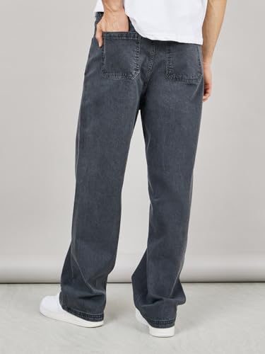 Styli Men Wide Leg Mid-Rise Stretchable Jeans | Dark Black with Light Fade Enzyme Wash, 5 Pockets, Regular Fit | Comfortable & Versatile Casual or Everyday Wear