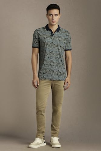 Men Navy Print Polo Neck T-Shirt