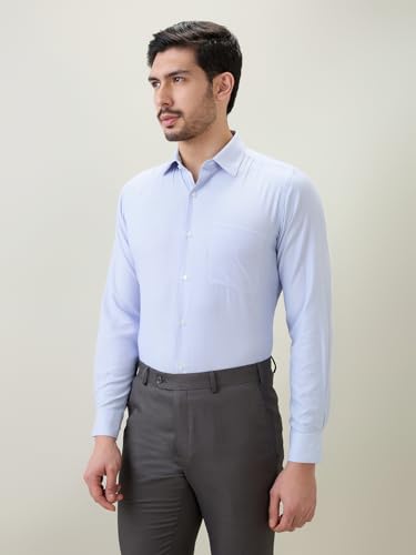 Raymond Men Contemporary Fit Structure Pattern Bamboo Polyester Blend Semi Cutaway Collar Full Sleeve Formal Shirt Blue