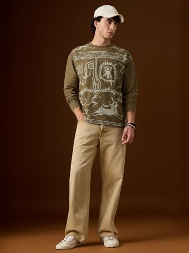 The Souled Store Nomad: Stone Carvings Men and Boys Long Sleeves Round Neck Green Printed Tribal Drop Shoulder Casual Streetwear Oversized Full Sleeve T-Shirt