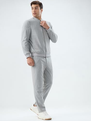 Park Avenue Men Neo Fit Structure Pattern Poly Viscose Blend Rib Collar Full Sleeve Formal Suit Grey