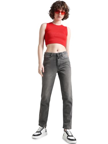 ONLY Women Solid Cotton Straight Fit Mid Rise Black Jeans