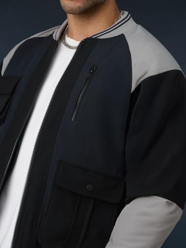 The Souled Store Midnight Edge: Men and Boys Full Sleeves Spread Collar Black and Grey Solid Polyester Regular Fit Lightweight Utility Pockets Bomber Jacket