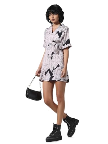 ONLY Women Printed Viscose Above Knee Beige Wrap Dress