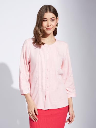 Latin Quarters Women Pink Round Neck 3/4th Sleeve Solid Tunic Blouse_XL