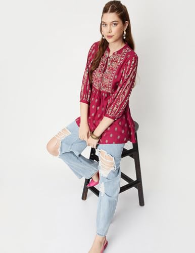 Max Women Printed Tie-Up Neck Tunic (INDIE33006WINE)_XXL