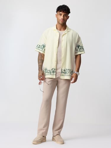 The Souled Store Summer Shirt: Desi Heat Men and Boys Short Sleeve Cuban Collar Light Yellow Embroidered Lightweight Easy to Style Everyday Street Wear Trendy Casual Cotton Oversized Shirt