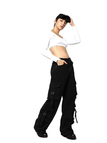 ONLY Women's Loose Fit Mid Rise Black Denim Jeans