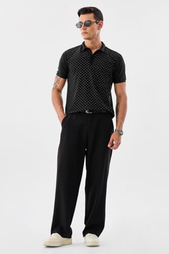 SNITCH Men's Polo T-Shirt | Polka Dot Pattern & Buttoned Closure | Nylon Blend Fabric with Stretchable & Breathable Features | Casual Wear & Regular Fit | Black
