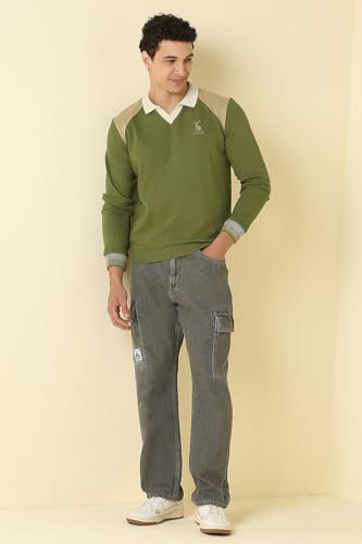 Men Olive Polo Neck Full Sleeves Casual Sweatshirt