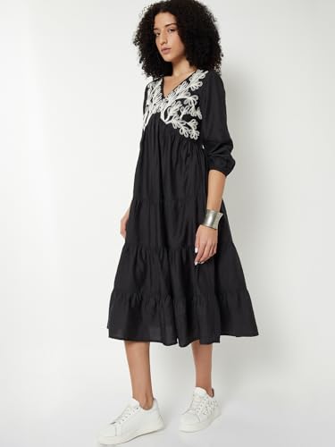 Max Women Embroidered Tiered Dress (Black_M)