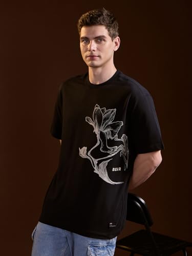THE BEAR HOUSE Men's Black Pure Cotton Graphic Printed Oversize T-Shirt