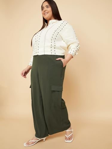 Max Women Solid Wide Leg Cargos (Green_3XL)