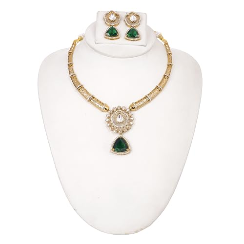 ZYRA JEWELS Micro Gold Plated Floral Necklace Set with American Diamond, Zircon & Moissanite Stones | Party Bling Luxury Designer Jewelry for Women & Girls (Emerald Green)