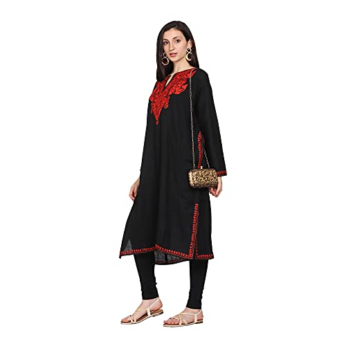 CRAFTBAZAR Kashmiri Woolen Black phiran with red Embroidery Plus Size