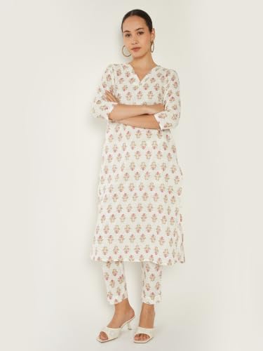 Max Women Floral Print Straight Kurta Set(Off White_M)