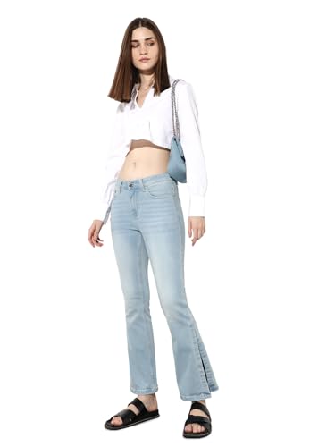 ONLY Women's Solid Flared Mid-Rise Blue Jeans