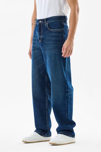 SNITCH Men Jeans Solid Blue Casual Wear | Loose Fit, Turned-Up Cuffs, Classic Blue Wash | 100% Cotton, Mid Rise, Relaxed Thigh, Wide-Leg, Five Pockets, Machine Wash