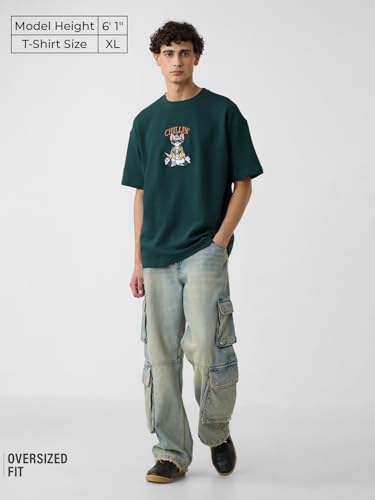The Souled Store Tom & Jerry: Chillin' Men and Boys Short Sleeves Round Neck Green Embroidered Cotton Oversized T-Shirts