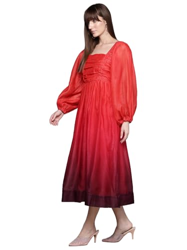 Label RITU KUMAR Square Neck Full Sleeves Ombre Long Dress Red