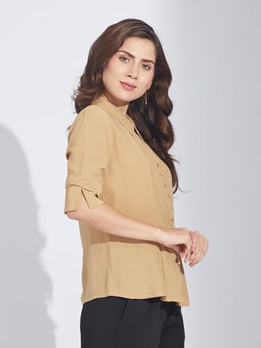 Latin Quarters Women's Beige Half Sleeves Collared Solid Casual Shirt_L