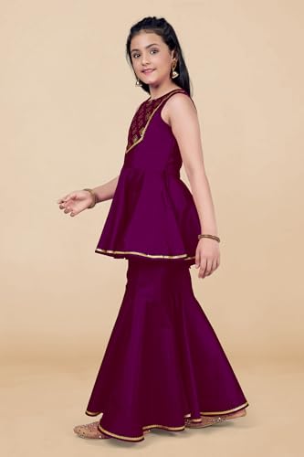 Fashion Dream Girl's Cotton Blend Printed Salwar Suit Set|Kids Salwar Suit Set|Ethnic Wear for Kids|Suit for Girls|Sharara Set for Girls (FDGSET00492 PRP 36_Purple_11-12 Years)