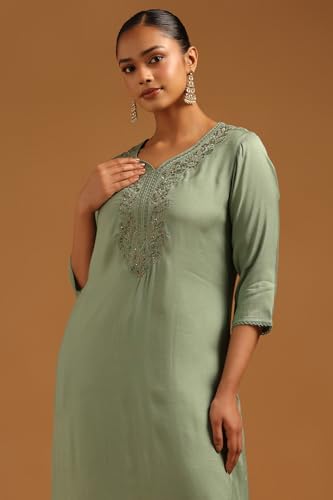 Soch Womens Sap Green Muslin Floral Kurta with Machine Embroidery and Cutdana Details