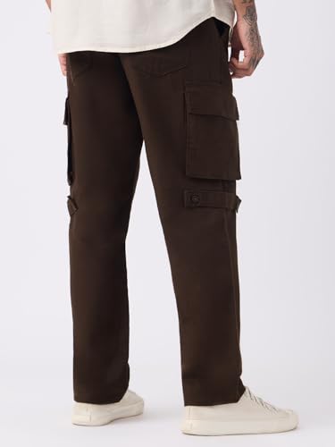 The Souled Store Textured Cargo Pants: Cocoa Men and Boys Solid Cotton-Spandex Durable Multi-Pocket Everyday Streetwear Straight Fit Cargo Pants
