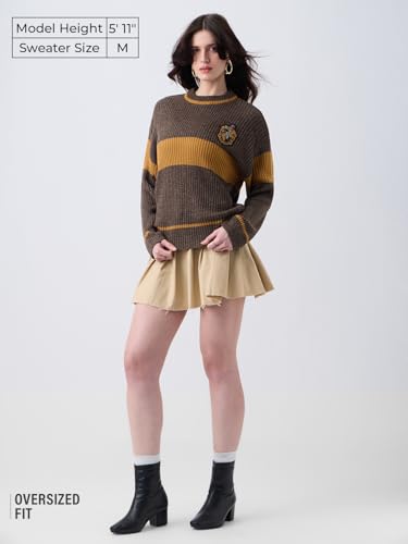 The Souled Store Harry Potter: The Kind Kin Women and Girls Full Sleeves Round Neck Brown Typography Printed Acrylic Oversized Fit Ribbed Texture Pullover Sweater