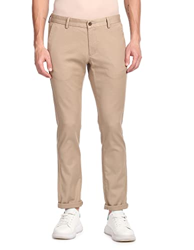 Arrow Sports Men's Mid Rise Solid Slim Fit Acrylic Casual Trouser Khaki, 32