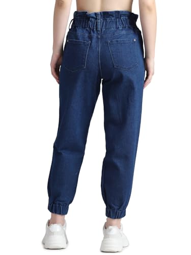 ONLY Women Solid Cotton High Rise Blue Denim Joggers