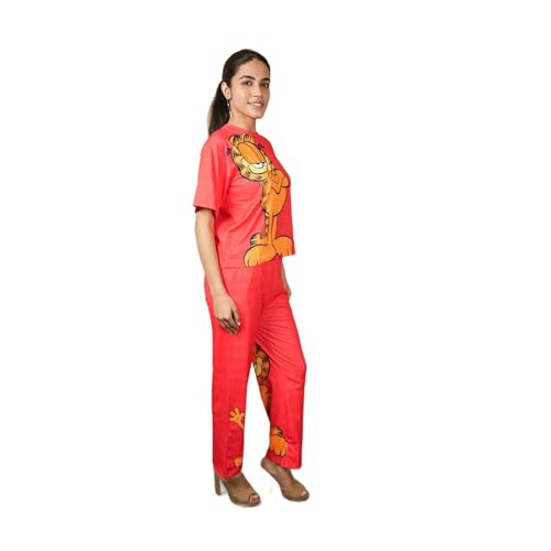 fashiontownie Co-ord Set for Women with Garfield Print | Imported Fabric Casual Wear | Trendy T-Shirt & Pant Set | Stylish Lounge & Streetwear Outfit (Red) (Free Size)