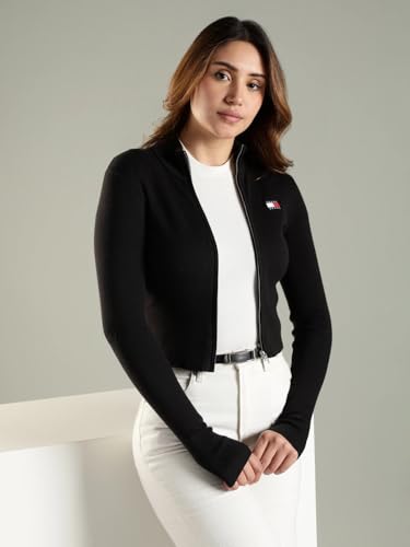 Tommy Hilfiger Slim Fit Cotton Mock Neck Front-Open Sweater Black